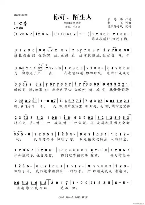 你好 陌生人 毛不易 歌谱简谱网