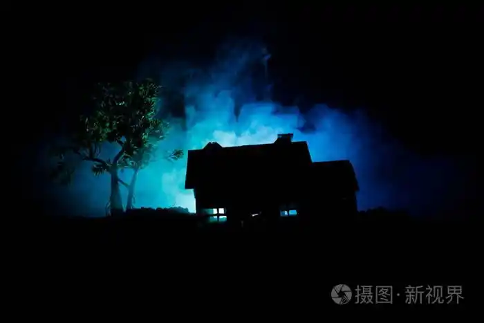 晚上在森林里有鬼魂的老房子或者在大雾中遗弃了闹鬼的恐怖屋老神秘