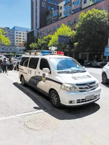 电子警察监管"字样的警示牌旁,号牌为辽a3687警的警用面包车停在没有