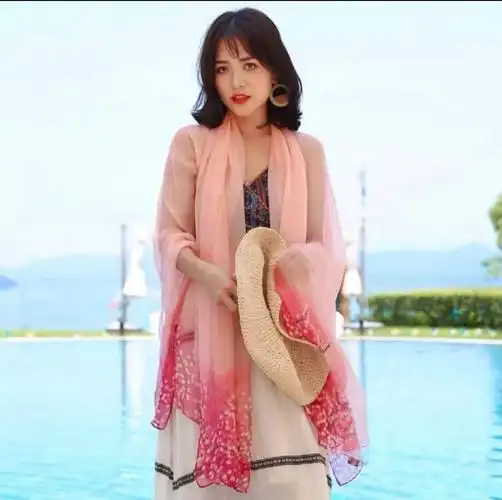 沙巾春夏丝巾长款薄款百搭防晒纱巾女披肩沙滩巾海南风情135190