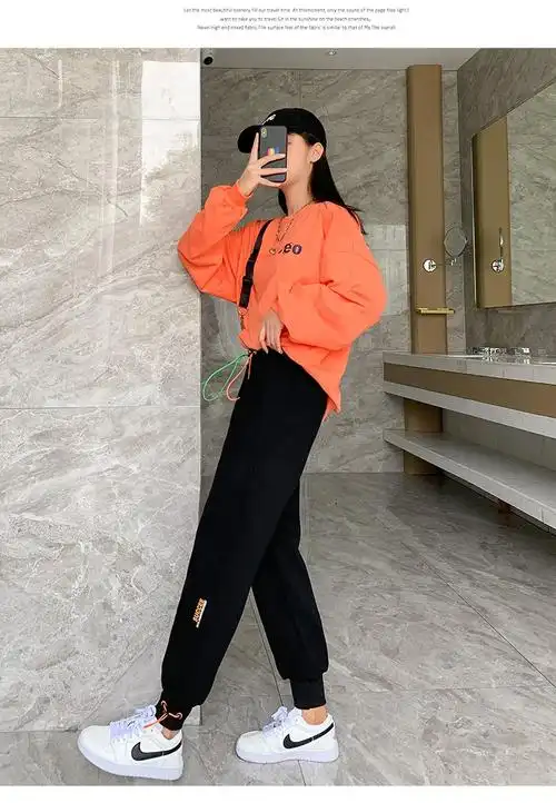 贻华加绒束脚裤女白色运动裤女秋冬加绒束脚九分哈伦裤150小个子休闲