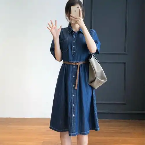 文艺范牛仔连衣裙女夏2022新款小众设计腰带连衣裙裙子