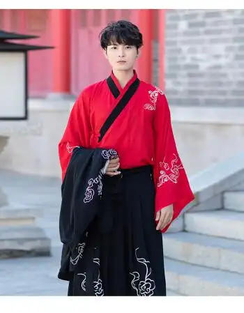 汉服女新装重工刺绣花大袖衫交领齐腰日常襦裙 a款男两件套(红上衣 黑