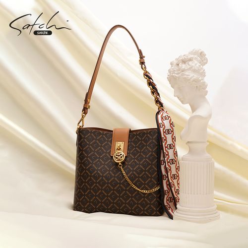 satchi/沙驰女包新款pvc配皮老花通勤水桶包小众丝巾单肩斜挎包