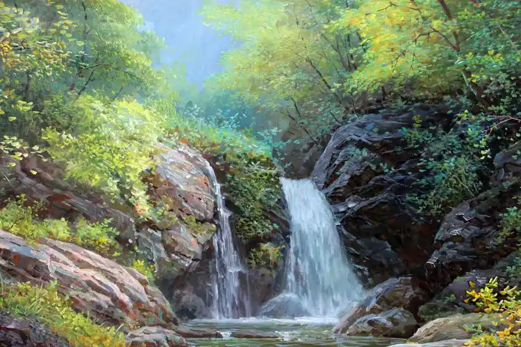 朝鲜名家南国明《瀑布》丙烯画 海外直供【白头山出品】