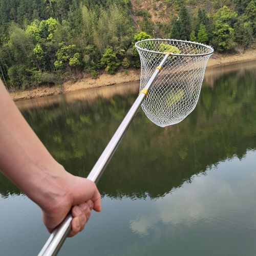 不锈钢大力马抄网伸缩定位竿折叠网头硬捞鱼网全套抄网渔具用品 浅