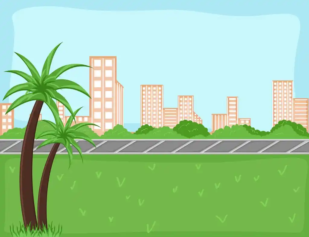 城市背景矢量,绘画艺术的卡通城市景观与建筑和公路道路矢量图