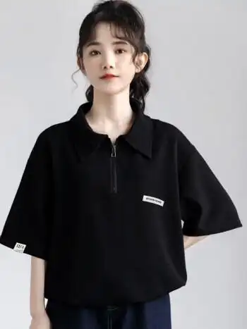 祖燕2022夏季新款港风半拉链polo衫女夏宽松黑色短袖t恤半袖上衣ins潮