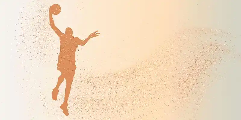 红色渐变打篮球动作颗粒子分散创意运动篮球运动篮球背景