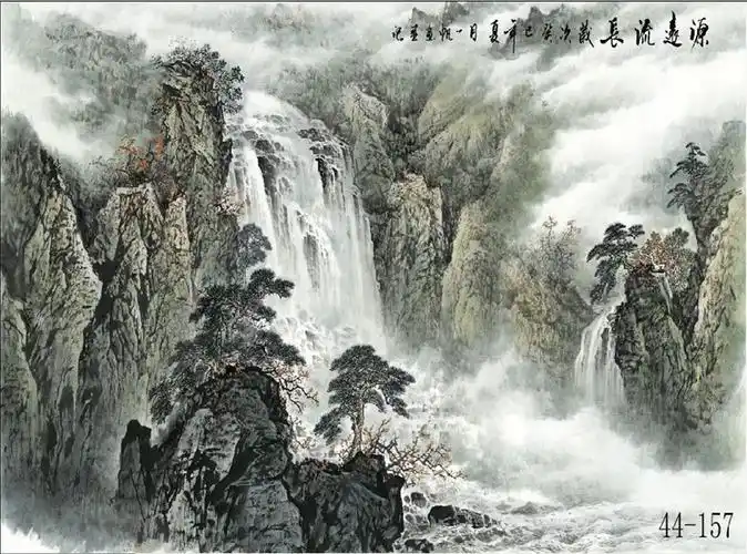 44-157 国画字画吴一帆山水画 源远流长横幅装饰高仿真画芯批发