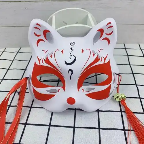半脸猫和风狐狸面具抖音网红日式动漫cosplay男女流苏铃铛面具