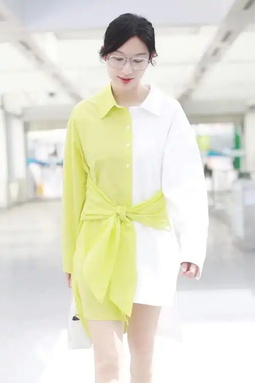 张俪同衬衫裙女夏季机场明星星潮拼接设计小众连衣裙