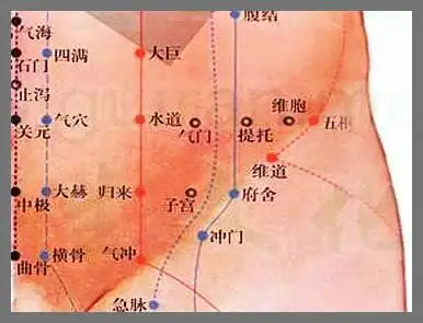 气冲穴在人体腹股沟处,大腿根儿内侧,具有治疗月经不调,不孕,痛经