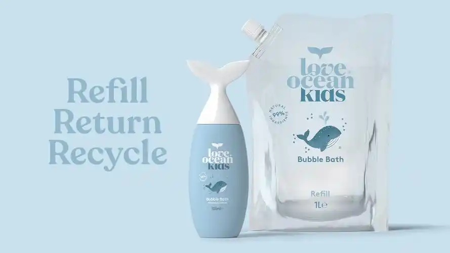 保护海洋理念鲸鱼尾瓶造型的loveocean沐浴产品包装设计