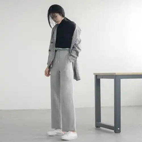 花苞阔腿裤女灰色系带高腰宽松性冷淡风百搭简约休闲运动直筒长裤