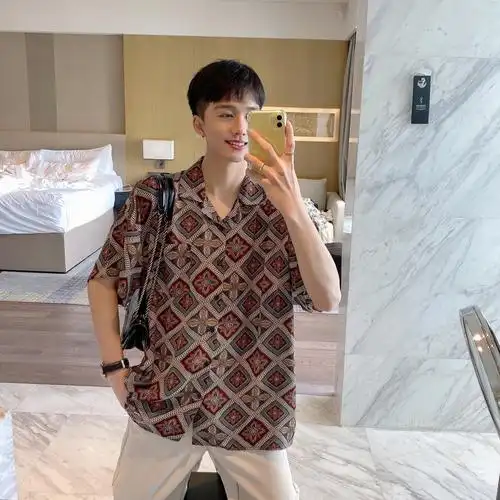 大富2021新款夏季度假风花衬衫男士复古宽松衬衫