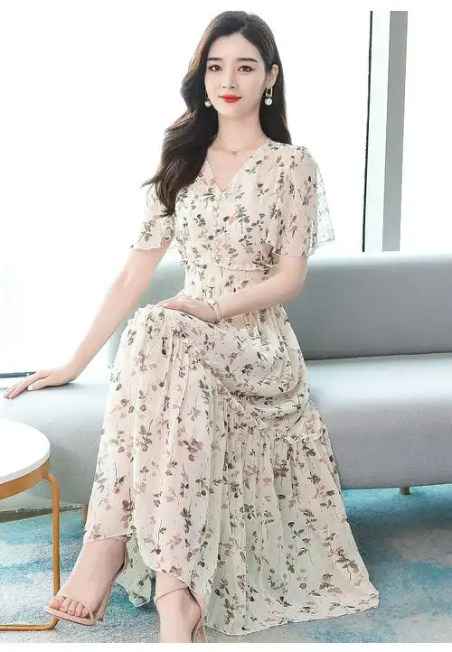 碎花雪纺连衣裙夏天时尚新款v领收腰显瘦仙女甜美超仙英伦风长裙 - 17