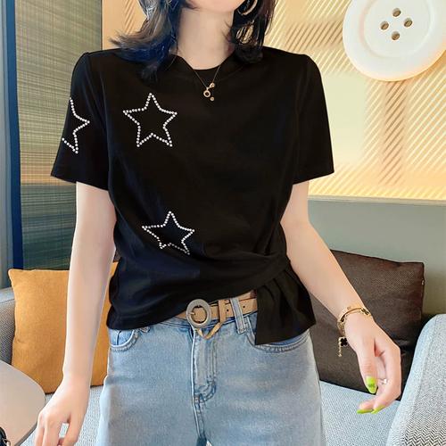 清仓特惠黑色圆领钉珠短款t恤夏季休闲百搭上衣女装欧货欧洲站潮