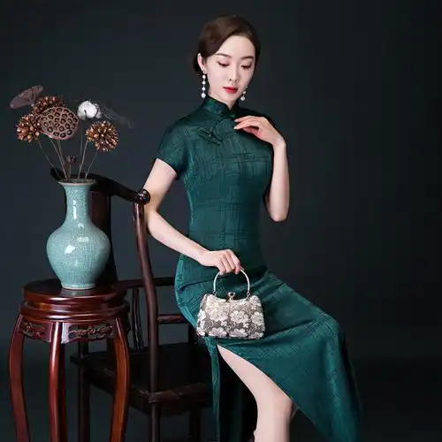 复古海派旗袍端庄气质军阀太太民国风年轻款修身走秀旗袍气质长款