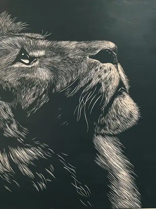 手工雕刻黑白木刻版画狮子