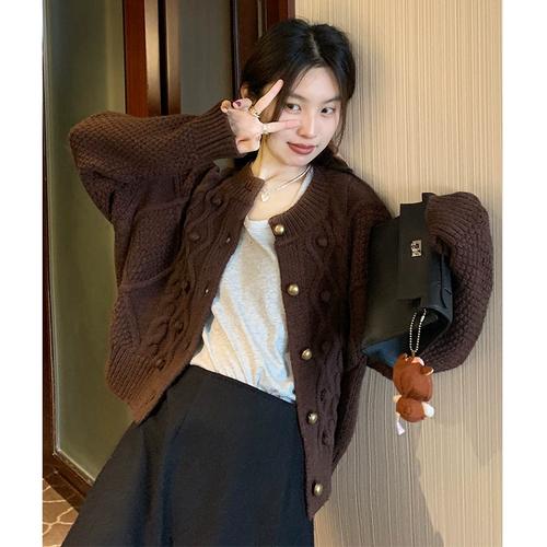 针织开衫秋冬南油复古重工美拉德粗线麻花毛衣外套女内搭加厚短款