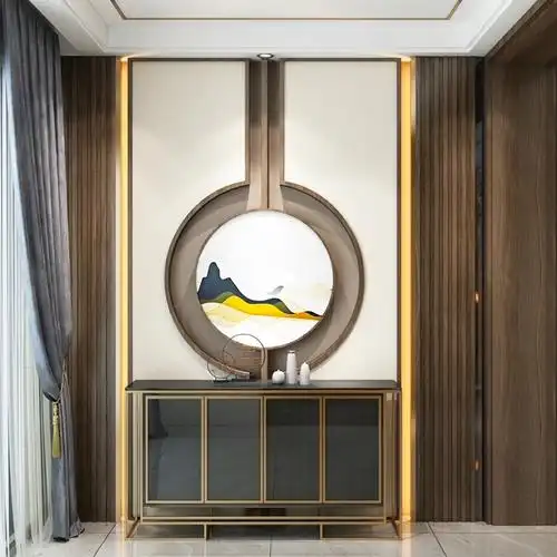 新中式入户门客厅楼梯酒店别墅玄关不锈钢屏风隔断设计#不锈钢屏风