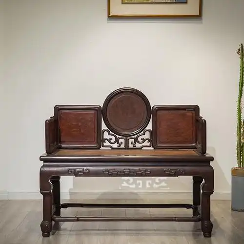 清中期红木镶瘿木回纹二人椅明清古典老家具古董收藏中式红木椅子