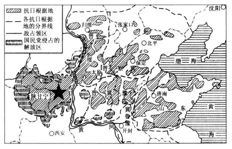 下图是一张华北敌后抗日根据地形势示意图图中五角星所在的地点是