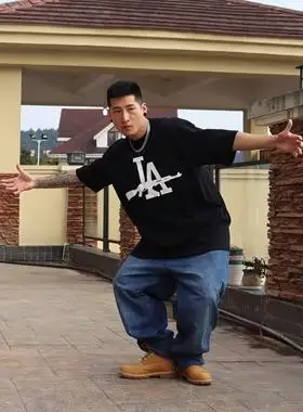 oldschool美式hiphop西海岸匪帮chicano纯棉小领口bboyak47la短袖