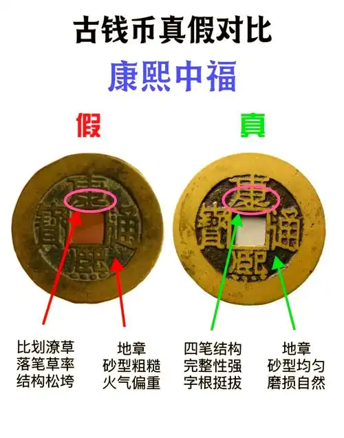 康熙通宝真假对比:火气重与自然磨损