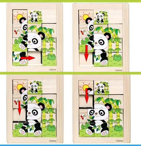 儿童九宫格滑动拼图游戏 木质早教益智力闯关玩具 卡通动物拼图