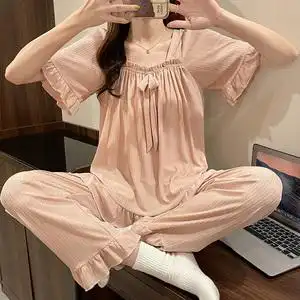 缪黛旗舰店天猫睡衣女夏季薄款梭织棉短袖短裤夏天甜美可爱可外穿两