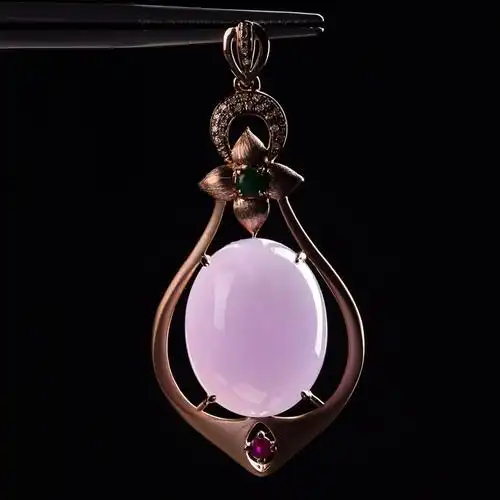 天然翡翠a货18k金伴钻红宝石镶嵌紫罗兰蛋面吊坠 8.29克