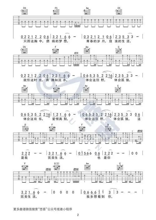 完美生活吉他谱 c调附视频_悠音吉他编配_许巍