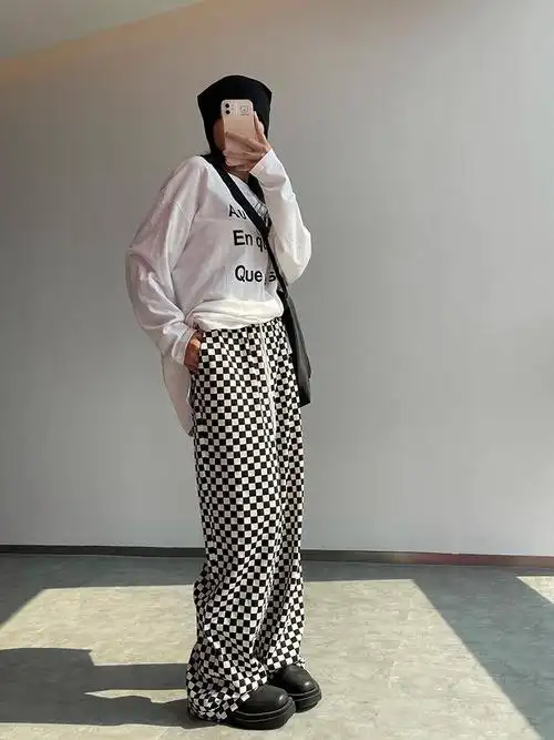 黑白棋盘格子裤女春秋宽松ins潮高腰垂感直筒运动裤休闲阔腿卫裤