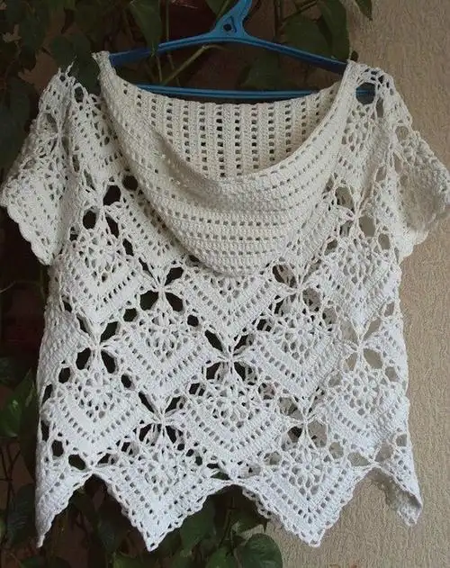 钩针编织方形图案镂空连帽衫