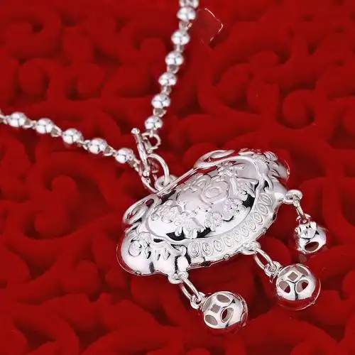 宝宝银饰儿童长命锁足银项链小孩婴儿平安锁纯银毛衣链女成人银锁