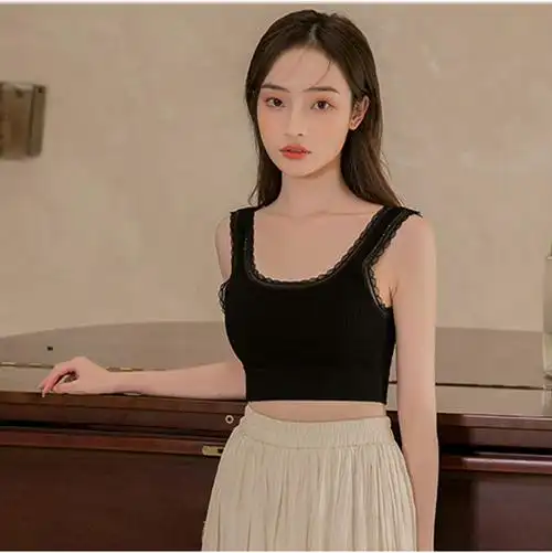 欧货复古蕾丝方领大弹力棉质乳胶垫裹胸打底吊带背心舒适少女内衣