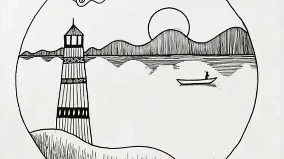 线条风景小画《海边夕阳》