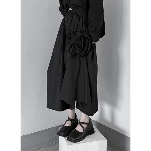 浮木兮/山本耀司小黑裙uma风立体大花装饰不规则高腰半身裙春夏