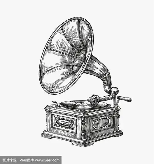 手绘老式留声机.素描的音乐.矢量图