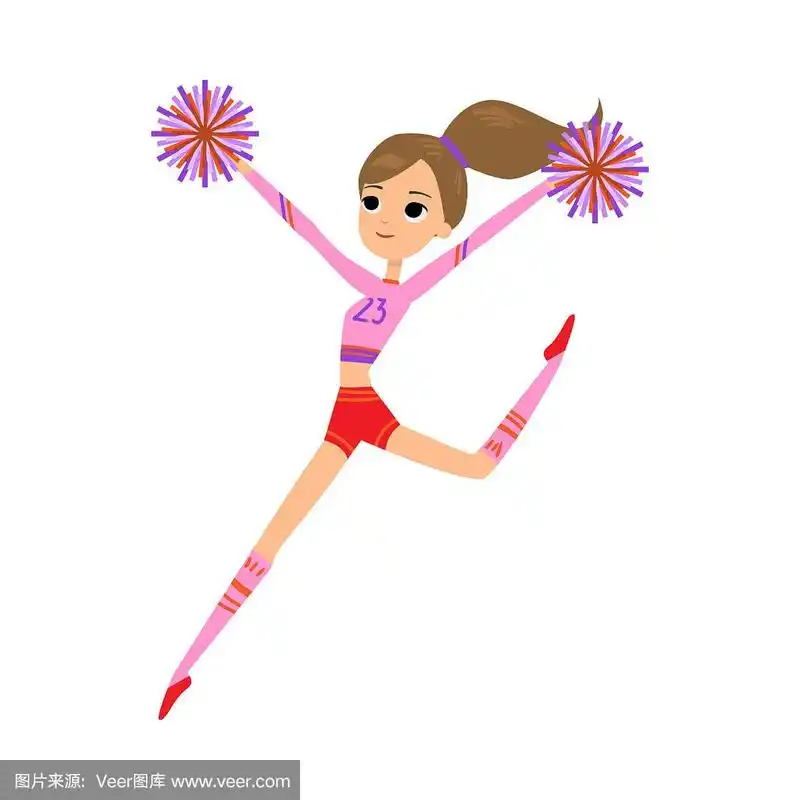 年轻的啦啦队长在红色短裤跳舞与彩球彩球矢量插图
