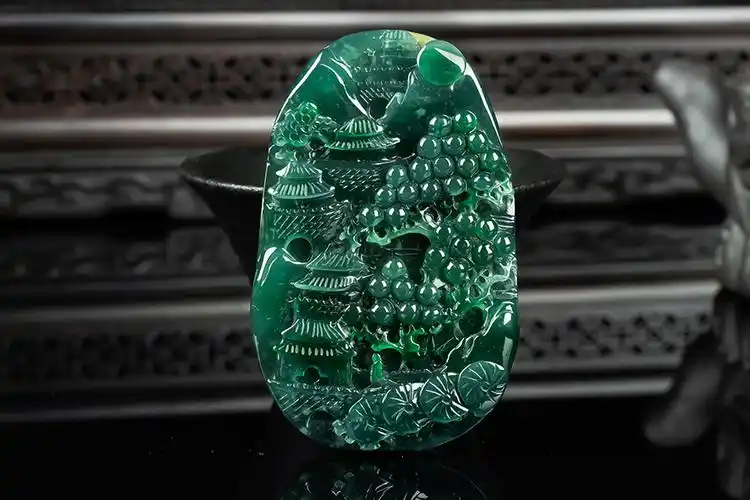 纯天然a货翡翠老坑冰糯冰透精雕蓝水绿山水牌玉石吊坠挂件