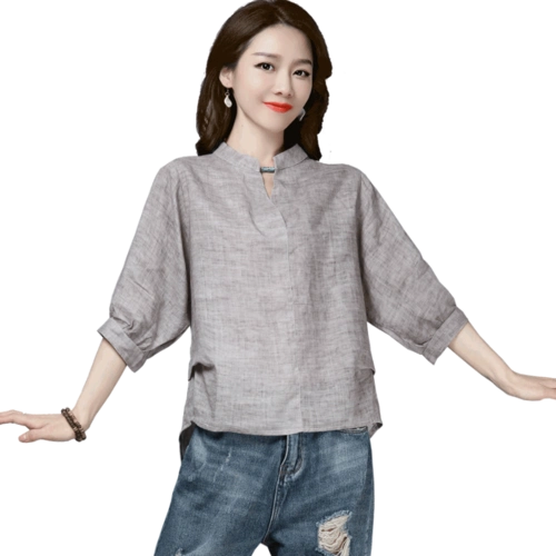 麻料上衣短袖2020夏季新款宽松v领气质小衫时尚百搭显瘦苎麻t恤女