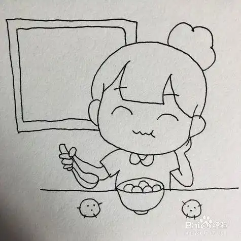 女孩坐着吃饭简笔画