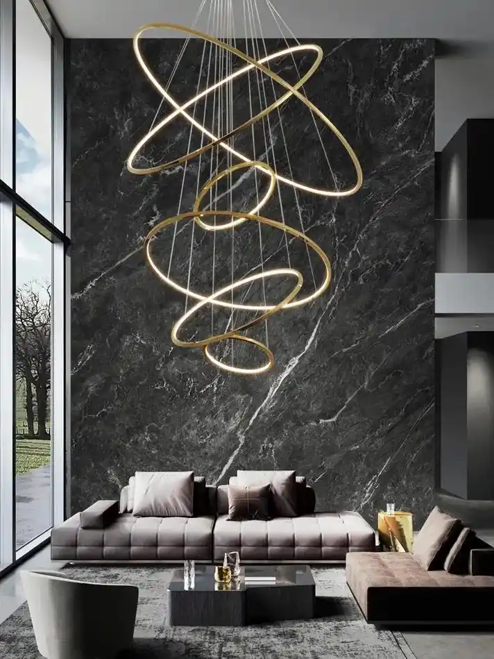 复式轻奢吊灯别墅挑高客厅大吊灯现代简约挑空极简圆环中空楼梯灯