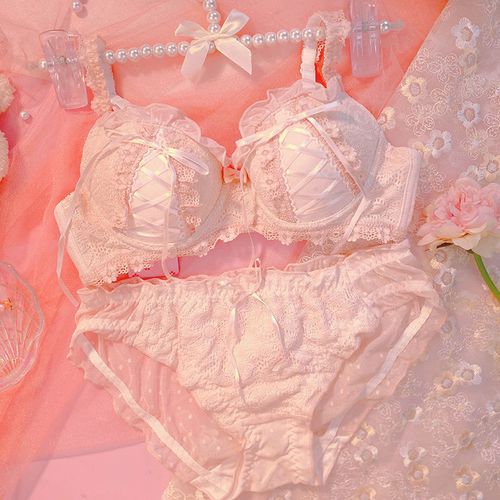内衣女纯欲可爱小胸聚拢无钢圈舒适日系甜美文胸罩套装 粉色套装 m码