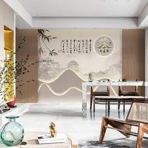 新中式山水茶室墙纸茶桌茶台背景墙装饰壁画茶艺馆茶叶店茶楼壁纸