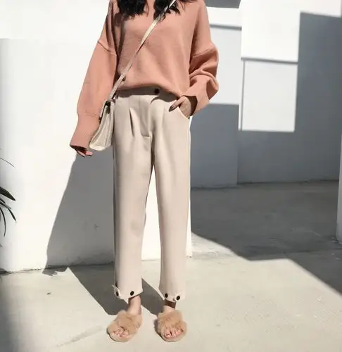 实拍韩版松紧腰裤脚纽扣抽褶毛呢休闲裤高腰直筒裤九分裤阔腿裤女