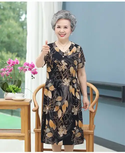 女装连衣裙夏季新款中老年人奶奶夏装纯绵绸连衣裙女裙子中长款妈妈